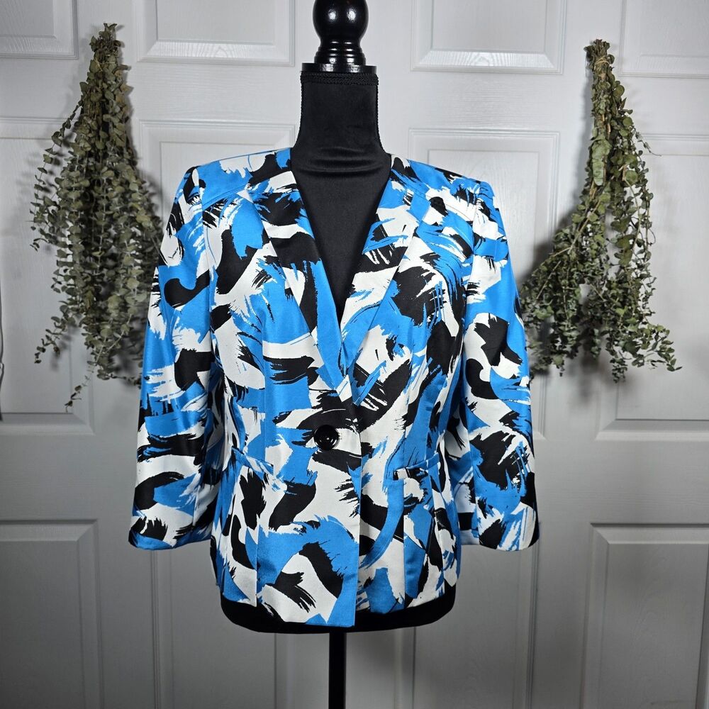 Kasper Size 10P Blazer Jacket Brushstrokes Print Blue Black White